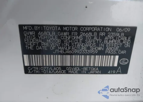 2009 Lexus Es 350 из США, поврежденный, VIN JTHBJ46G992333959